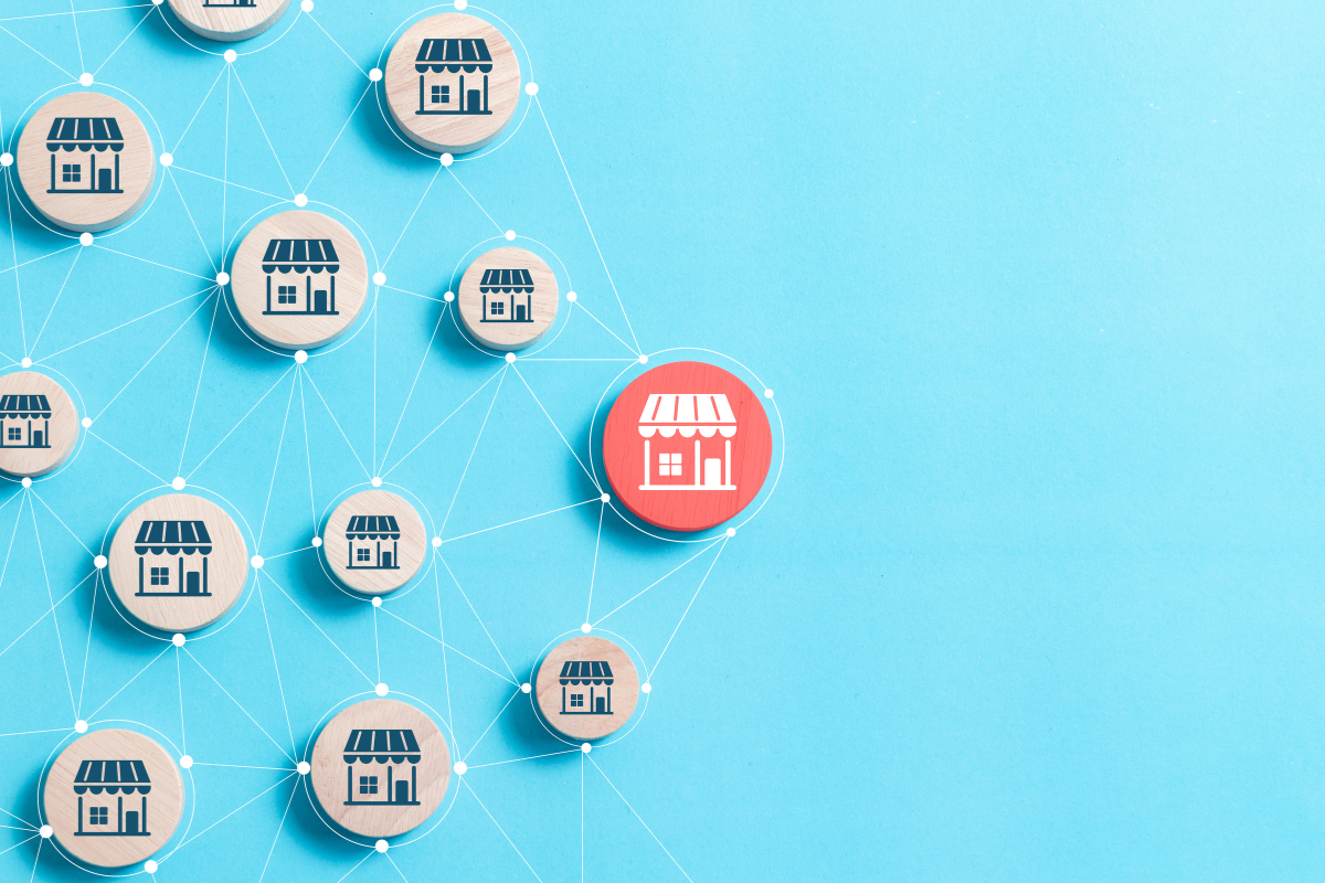 Franchise network concept showing connected locations for franchise development marketing.
