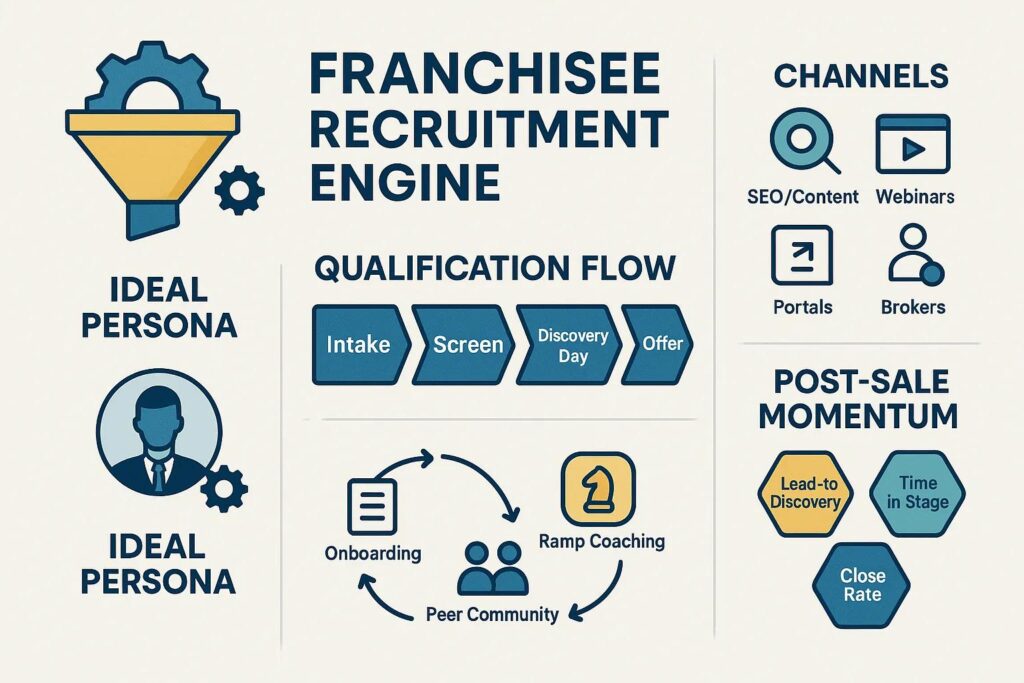 Franchisee recruitment engine infographic showing a workflow for recruiting franchisees